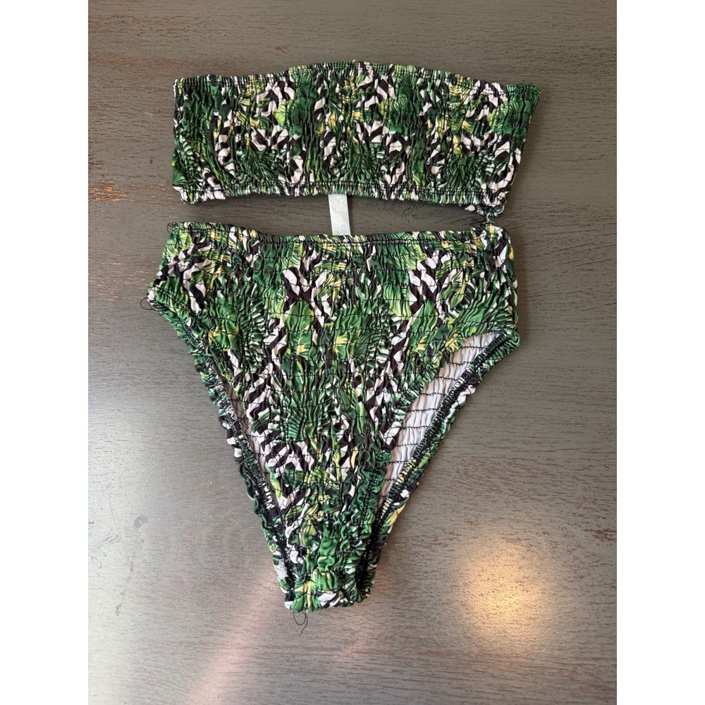 Green Tropical Smocked Bikini Set High Waisted Bandeau Two Piece Swimsuit cl